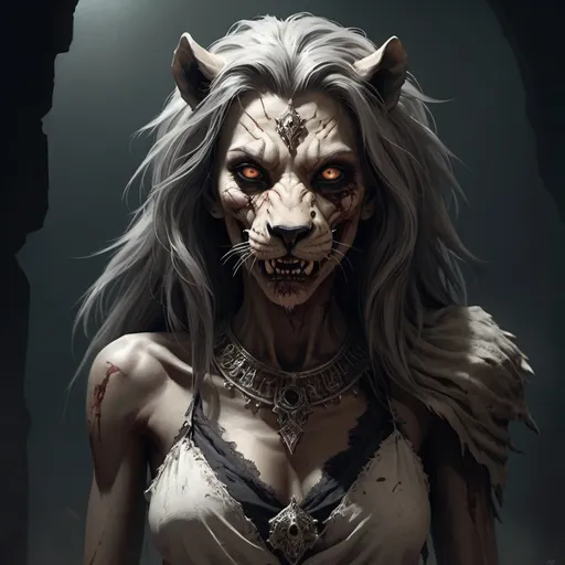 Prompt: Full-body, female Arabian undead, lionhead with sharp fangs, head of a lion, distorted body, wearing torn funeral garment, skinny body, 
sinister look, spooky atmosphere, RPG-fantasy, intense, detailed, game-rpg style, dark and eerie lighting, sinister vibe, fantasy, horror, 
undead, ghoulish, head of a lion,detailed character design, atmospheric, spooky ambiance