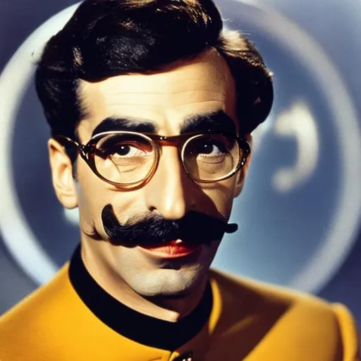 Prompt: A portrait of Groucho Marx, wearing a Starfleet uniform, in the style of the Star Trek movies.