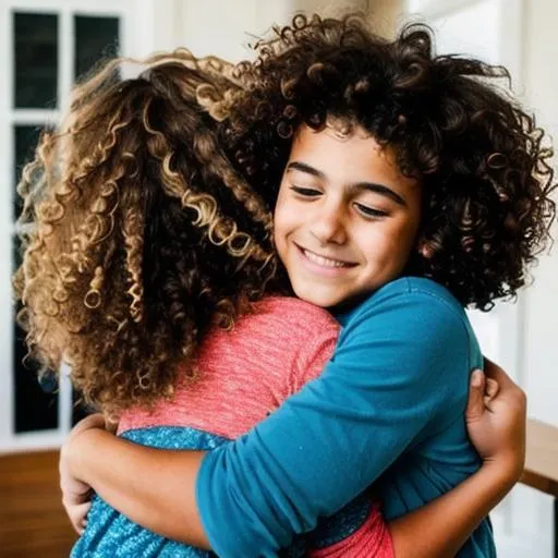 Prompt: a 13 year old kid with curly hair hugging a female 
