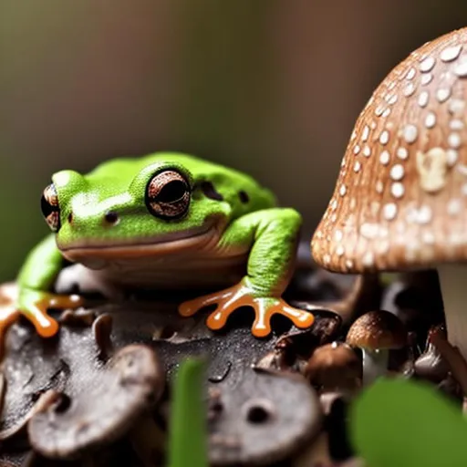 Prompt: a small frog taking refuge under a mushroom in the rain