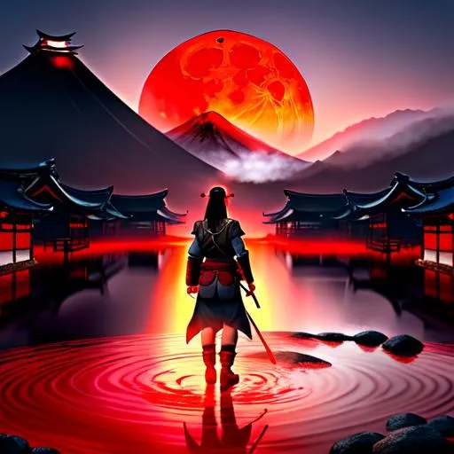 Prompt: a female shinobi is standing in a stream of blood, the stream is flowing through the middle of a small village, the village is on fire, beyond the village is a mountain shrouded with smoke, above the mountain a blood red moon hangs over the landscape,  japan environment,