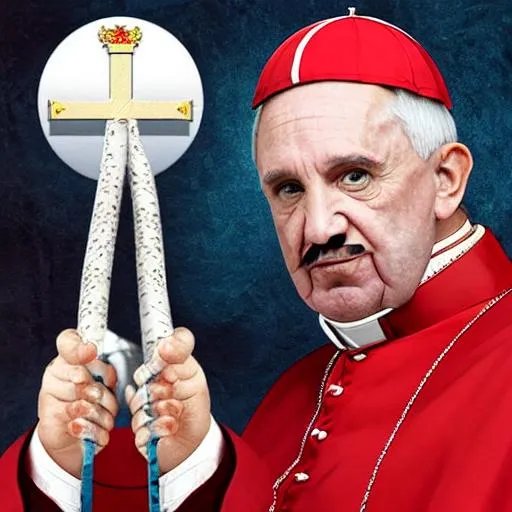 Prompt: hyper realistic hyper real vatican pope with hitler mustash and 666 drawn on forehead in red oil holding a snake  spear in front of upsiodedown american flag