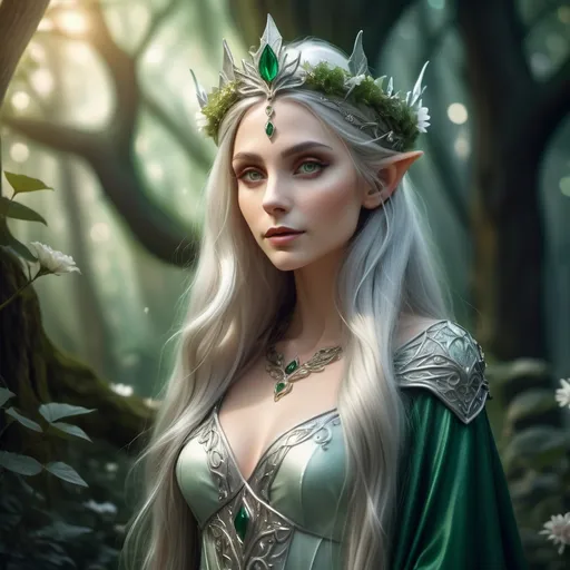 Prompt: Adult slim female elf royalty, graceful posture, ethereal elegance, adorned in intricate silver and emerald robes, wearing a delicate crown, long flowing hair adorned with flowers, serene expression, surrounded by enchanted forest backdrop, magical soft lighting highlighting her features, enchanting atmosphere, mystical aura, ultra-detailed, high quality.