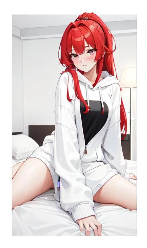 Prompt: Haley (bright red hair) blushing, 8k, UHD, highly detailed, best quality, wearing an oversized hoodie that goes past her thighs, in the bedroom
