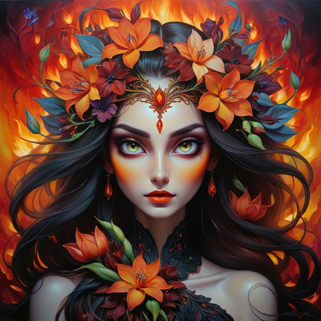 Beautiful hybrid woman with flowers sprouting from...