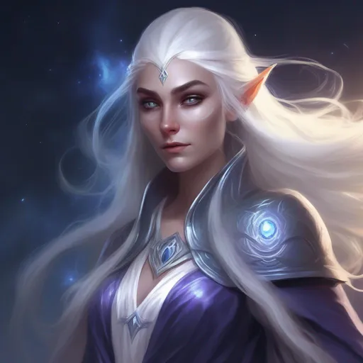 Prompt: dnd a elven woman with long flowing silver hair and glowing white eyes wearing galaxy robes 