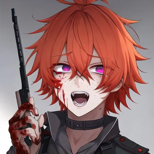 Prompt: Erikku male adult (short ginger hair, freckles, right eye blue left eye purple)  UHD, 8K, Highly detailed, insane detail, anime style, covered in blood, psychotic, pointing a shotgun straight at the camera, 
