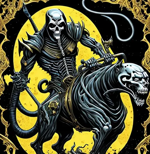 Prompt: Detailed grim reaper riding on a panther. black and gold colors