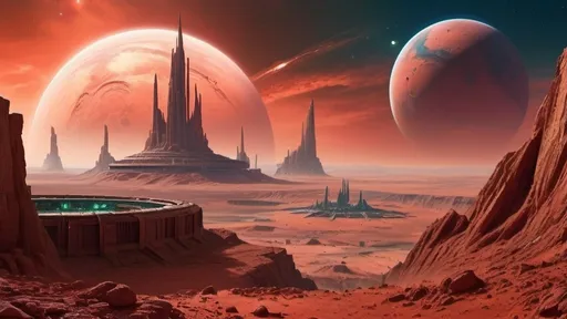 Prompt: ancient alien ruins in foreground, alien city in the distance surrounded by a fortified wall, planet mars setting, sky filled with red clouds, a huge blue-green planet hangs in the sky, highly detailed, photo realistic