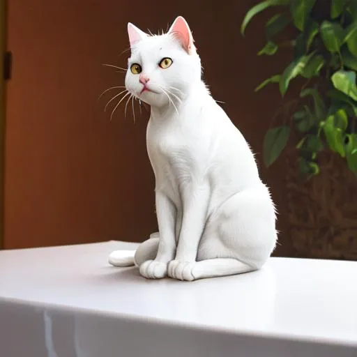 Prompt: a white cat sitting on a table
