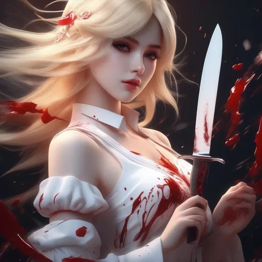 Prompt: 3d anime woman covered in blood angelic blonde hair and white dress with a knife and beautiful pretty art 4k full HD
