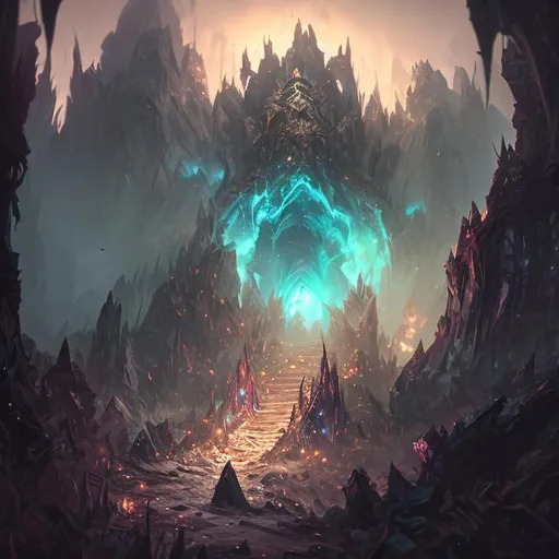 Prompt: extreme long shot concept art depicted eldrich mountain entrance fantasy, liminal space , huge mountains, mountain side tunnel, light fantasy, arcane punk, dark ambiance, art inspired by league of legends and arcane, style by jason engle and jordan grimmer, trending on artstation, unreal engine, golden ratio, spectacular composition