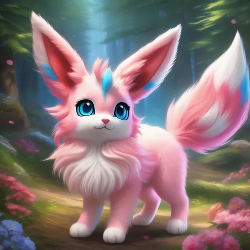 Prompt: Sylveon, epic oil painting, realistic, photograph, hyper real, furry, hyper detailed, beautiful, UHD, studio lighting, best quality, professional, 8k eyes, 8k, highly detailed, highly detailed fur, canine quadruped, (high quality fur), fluffy, fuzzy, full body shot, zoomed out view of character, perfect composition, peaceful, highly detailed background, vivid vibrant, concept art, character reveal, extremely detailed fur
