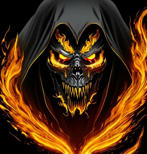 Prompt: Black and gold grim reaper face with fire in the background 