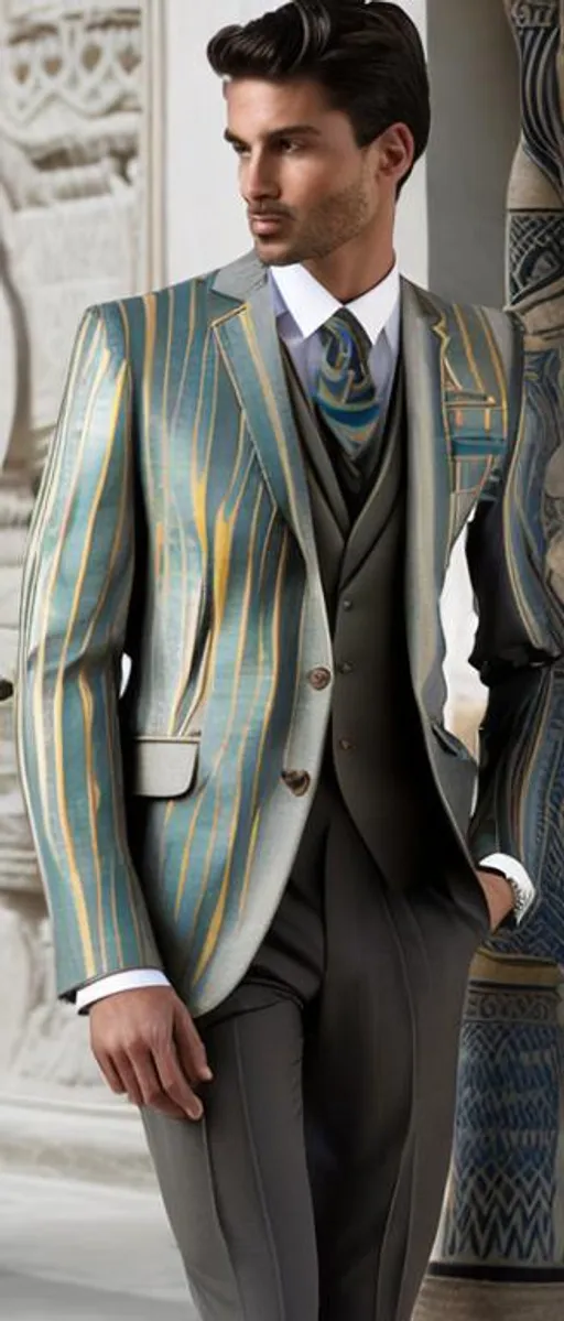 Prompt:  men's suit filled with pharaonic inscriptions mixed with a modern cut with Italian elegance