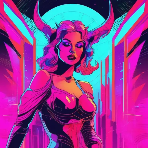 Prompt: a beautiful female demon in a dynamic pose in a retro futuristic synthwave neon paradise.  neon lighting, high quality, beautiful, masterpiece, artistic, synthwave, cyber, retro, futuristic