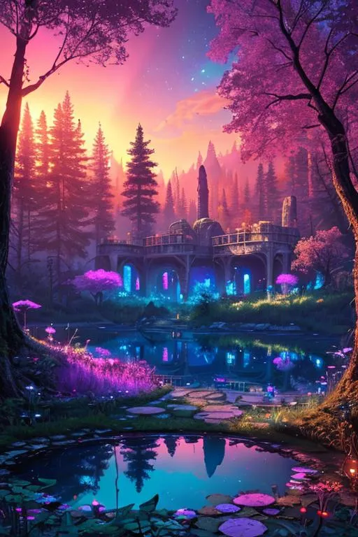 Prompt: A colorful forest of secrets with a galactic pond with retrowave ruins in the background, small fairy forest guardiau, 64k, highest resolution, vivid colors, best detail, highest detail, sunset, highest possible detail, unreal engine, 