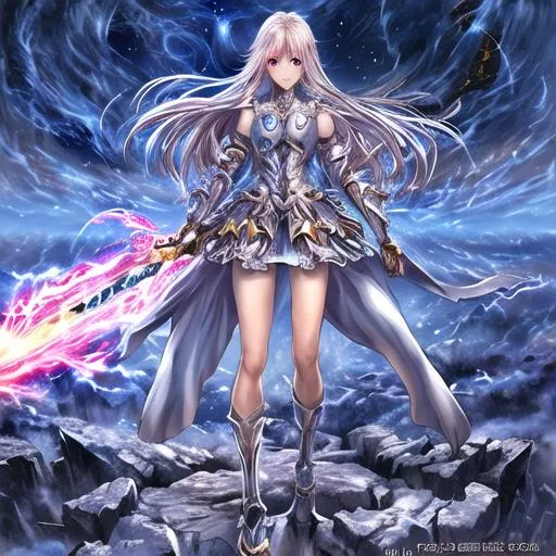 Prompt: anime opening Full-body detailed masterpiece, Realistic, fantasy art, Hyper detailed, Photo-realistic eyes, trails in the sky, blue moonlight background, flaming greatsword