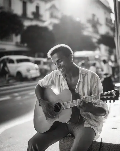 Prompt: A photo of a Brazilian jazz musician playing an acoustic guitar on a street corner in Rio de Janeiro, captured in black and white film with a vintage lens flare. He is dressed stylishly in linen pants and relaxed as he jams to an upbeat bossa nova rhythm. 