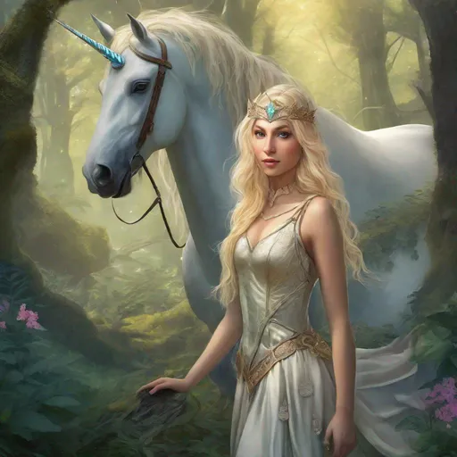Prompt: a pretty blonde elf maiden, in a high fantasy forest, a unicorn in the background