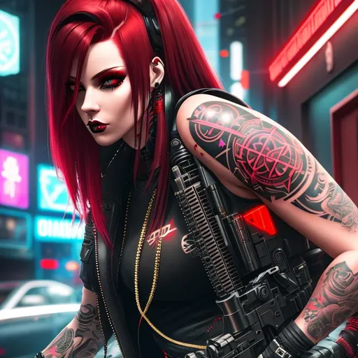 Prompt: A cyberpunk tattooed woman with baddie vibes covered in tattoos, dark red hair, military black, shadow soldier, futuristic, neon, dystopia, cybernetic