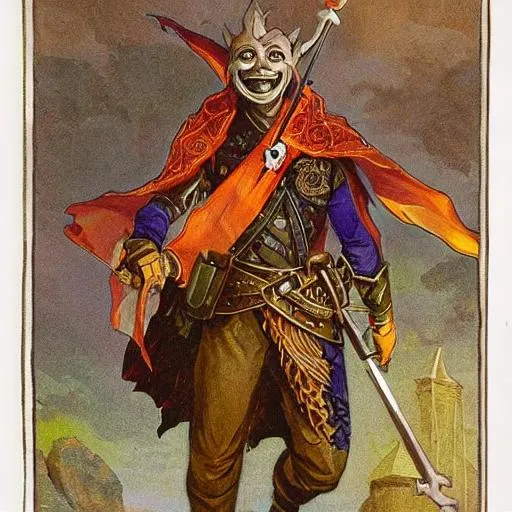 Prompt: DND character: An omnious man named "The Cheery Man" he is wearing bright clothes and wearing a mask that is making a smiling face. 