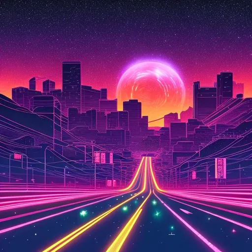Prompt: retro highway scene, imperial japan, retrowave, neon, synthwave, vaporwave, highly detailed, galaxy sky, cosmos