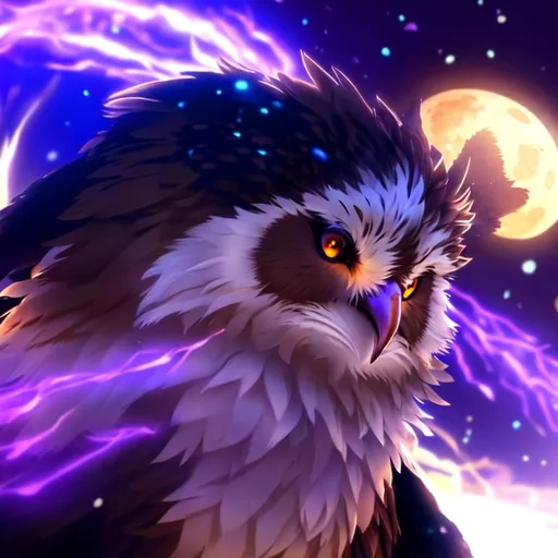 Prompt: A brown Owlkin, druid, world of warcraft, full body, casting moonfire spell, hyperrealism, mans face, 