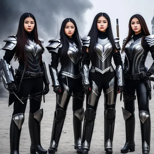 Prompt: oil painting of three young women wearing black and silver heavy mechanized armor,
long white hair,
medium shot,
UHD