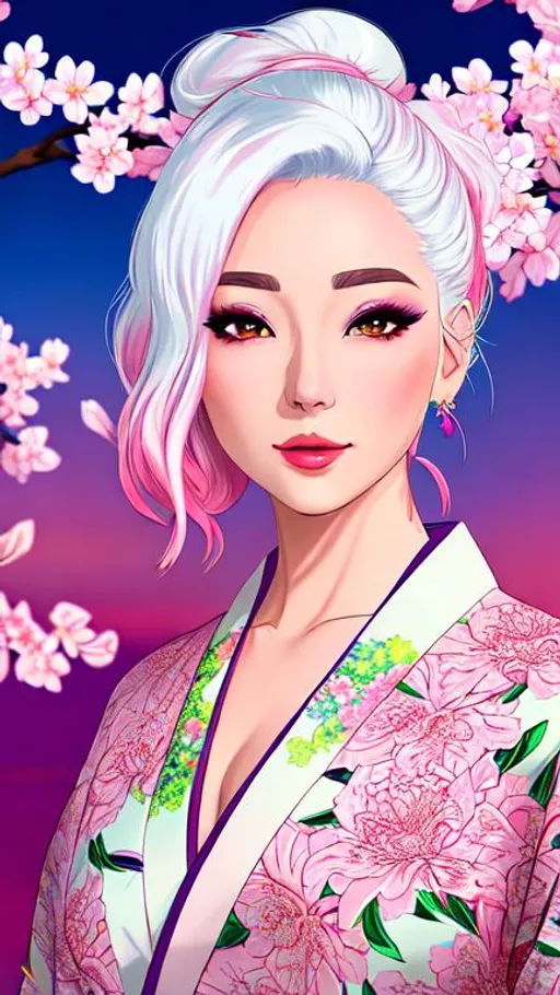 Prompt: nsfw,draw me a beautiful girl wearing a floral kimono looking off at the sunrise. retrowave aesthetic, white hair, colorful, sakura flowers, high resolution background,