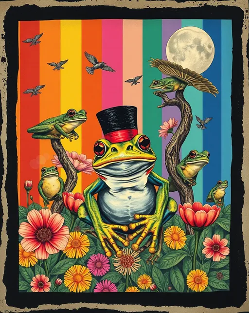 Prompt: A surreal trippy retro 70s style vintage collage featuring stripes, rainbows, flowers, psychedelic tree frogs. large frog with a top hat in the middle. hd. black grungy border.