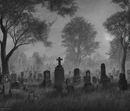 Prompt: A detailed charcoal drawing of a cemetery at night, many gravestones and monuments, mausoleum, trees, moon, strong contrast