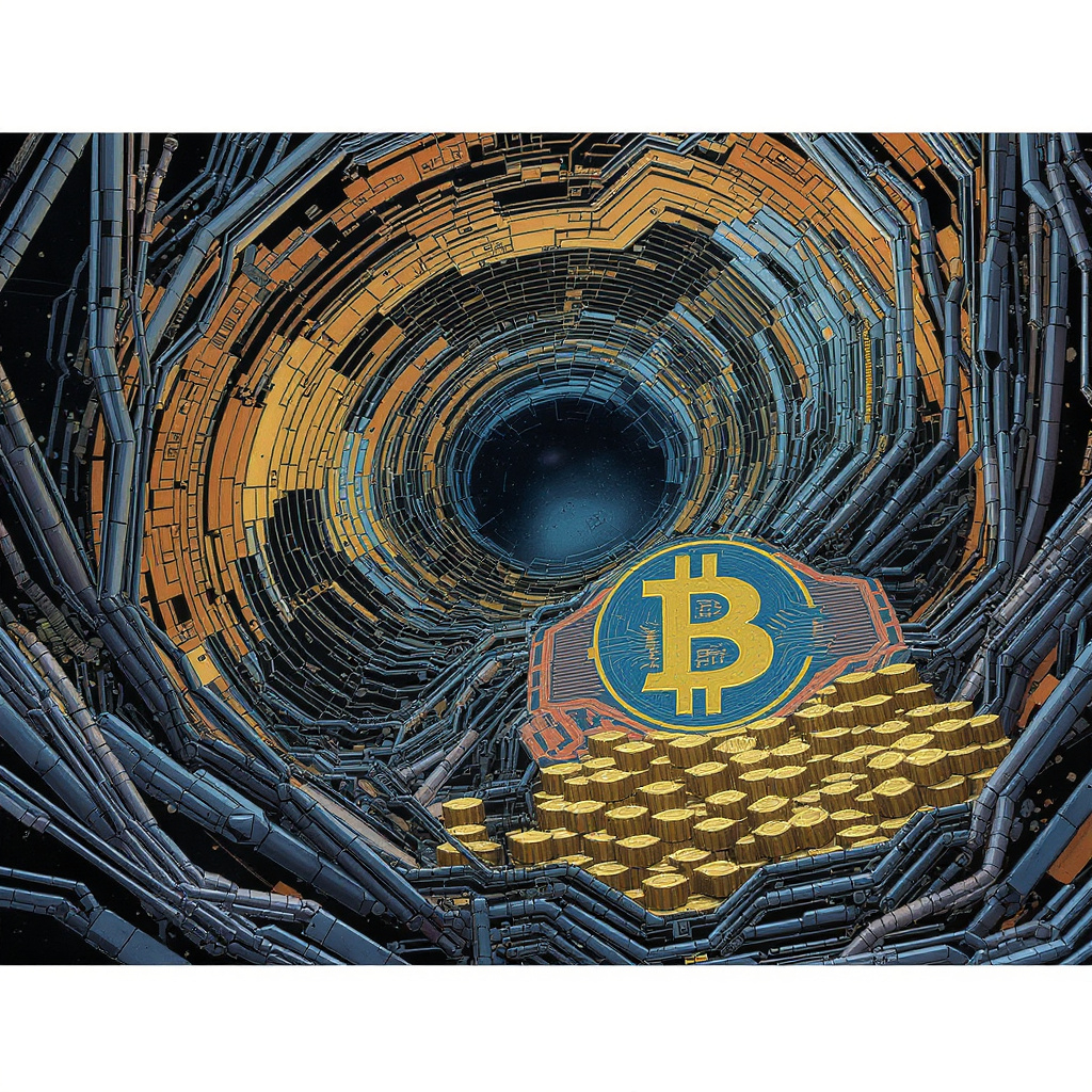 비트코인 채굴 , 사이버펑크, 일러스트, 네트웍상의 트랜잭션을 모아서 블럭을 만드는,16:9비...