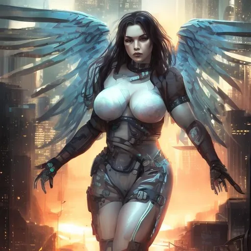 Prompt: cyberpunk angel with curvy body and beautiful eyes against a battlefield background