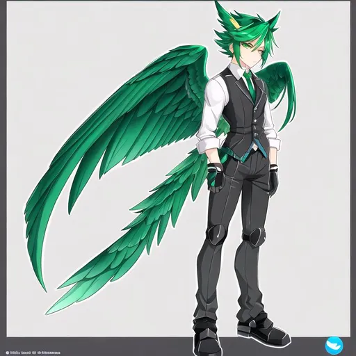 Prompt: Your OC is a small twisted pegasus-human bipedal animatronic hybrid, with focused emerald eyes. They identify as male, standing on two legs, 
