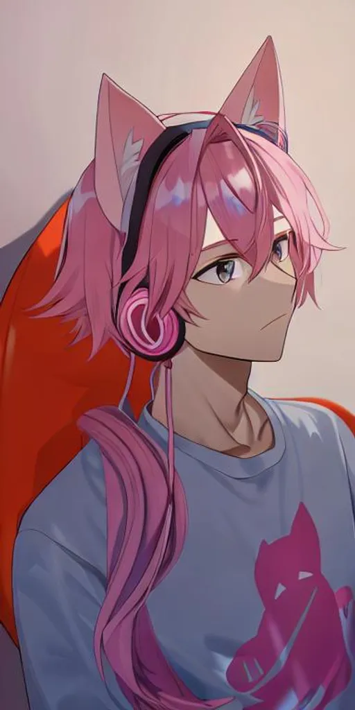 Prompt: pink haired male with pink cat ears headphones

