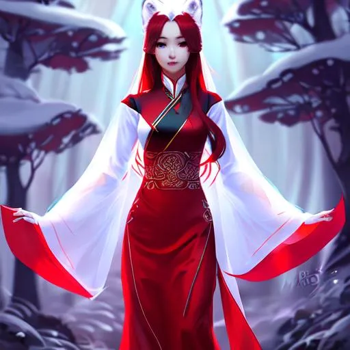 Prompt: a Vietnamese gorgeous woman as a translucent arctic fox spirit| wearing white Ao Dai| detailed cool face| straight red hair| by WLOP| digital painting| fantasy