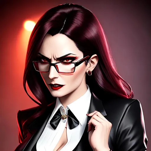 Prompt: female vampire, Tremere, vampire the masquerade, full body, angry business woman, angry, character art, professional, red irises, styled beautiful dark hair, wearing glasses with circular frames, wearing female business attire, expression if filled with contempt, glaring at viewer, ((fangs)), ((vampire fangs)), realism, realistic, photo realistic, eye contact with viewer, detailed eyes, vampire the masquerade, whole body in picture, beautiful, cyberpunk night time style background, character art