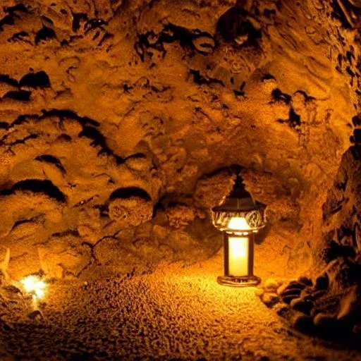 Prompt: A cave full of jewels and sand, similar to the Cave of Wonders. In the middle of the piles of treasure, a simple golden lamp sits. The lamp has a glow coming from it, making it seem magical,  