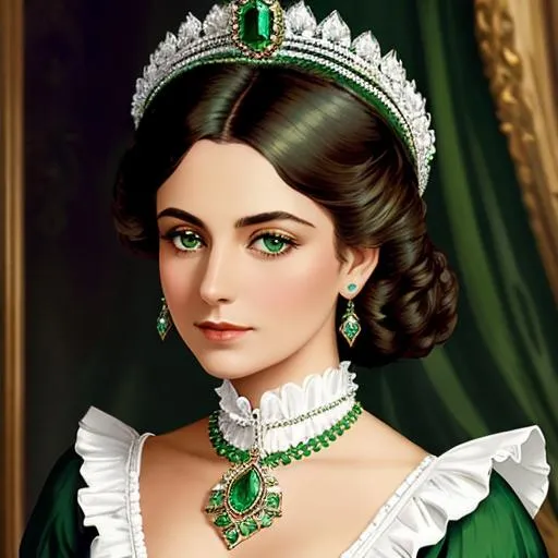 Prompt: Wealthy, stylish lady of the Victorian era, wearing emerald jewelry, wearing green, facial closeup