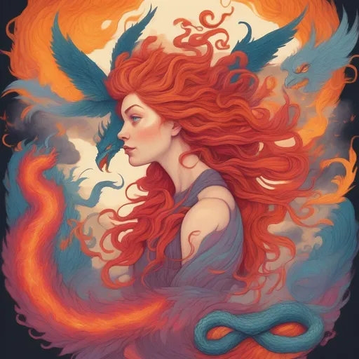 Prompt: A colourful and beautiful Persephone, with hair being made out of lava, surrounded by a dragon and a pheonix, flying in the sky in a painted style