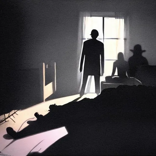 Prompt: a shadow person looms menacingly over a terrified young man laying in his bed in the dark