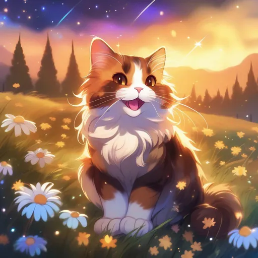 Prompt: An fluffy translucent brown calico tiffany cat that is glowing, yawning, amber eyes, wearing a gold bow, in a meadow surrounded by daisies, rainbow, beneath the stars, bioluminescent, highres, best quality, concept art