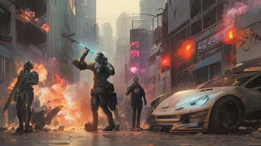 Prompt: Cyberpunk mechs, Riots in the streets, corporate corruption, cities burning, and a single flower in the chaos, tear gas, gas masks, pills, cash money