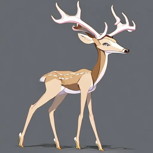 Prompt: Certainly, here's a description of a tall deer-human female in a style that an AI art generator can understand:

The subject is a graceful, elongated figure with the gentle yet majestic presence of a deer. Her height is notably above average, her limbs slender and lithe, resembling those of a deer. The elegant curvature of her antler-like horns crowns her head, adding an ethereal quality to her form. Her eyes, doe-like and expressive, exude a sense of curiosity and serenity.