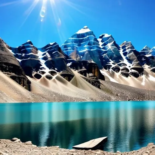 Prompt: High Mountain Lake, Clear Skies, Crystal Diamond Colored Water