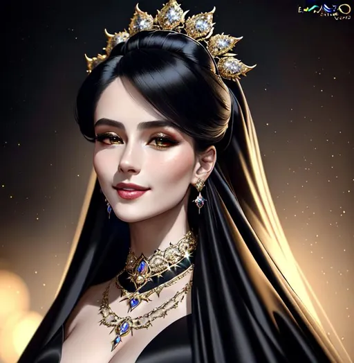 Prompt: Full length portrait, gorgeous 23-year-old woman, in a flowing black silk ballgown, adorned in diamonds, stunning, smiling, clean face, showing in 4k format, intricate work of magical art, almost ethereal, in cgsociety trends, complex, epic, from Ilya Repin, very detailed bright, staged rendering of the character, super high quality model, beautiful face, flowing long locks, slight smirk on her lips, background in style bokeh
