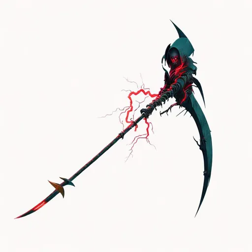 Prompt: A scythe with lightning powers, digital art, electrifying energy, high contrast, vibrant colors, glowing electric red, dark and moody atmosphere, high quality, digital art, fantasy, dramatic lighting