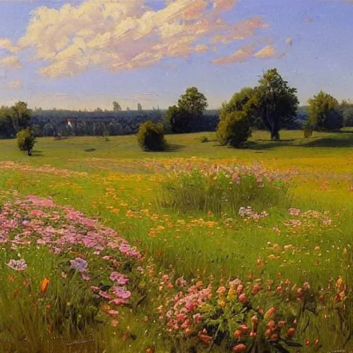 Prompt: open field with flowers on sunny day Landscape in style of peder mork monsted