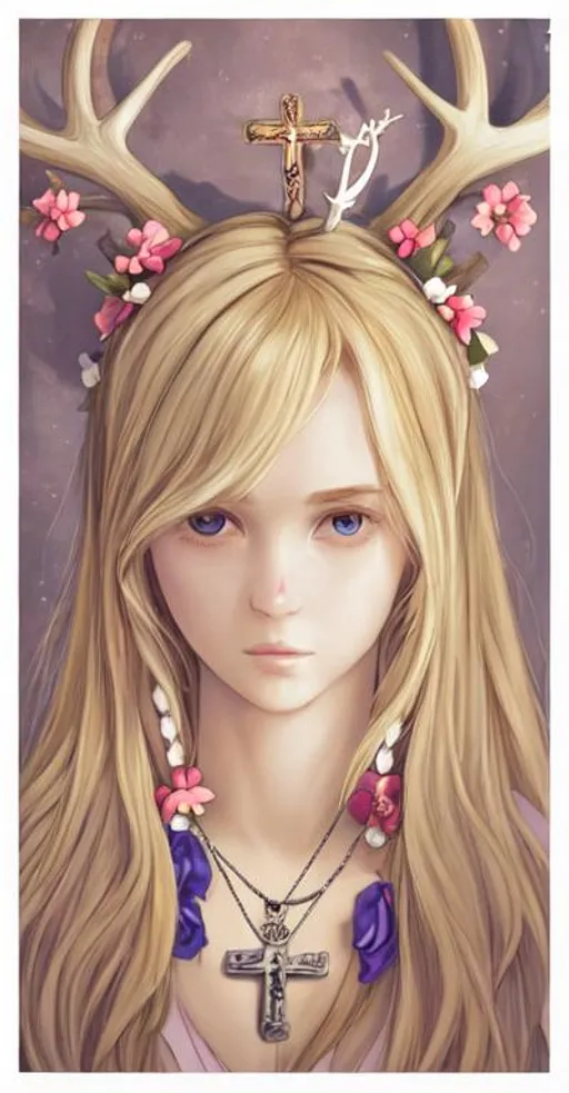 Prompt: Blond hair antlers flowers in her hair holding a rosary with a crucifix pendant